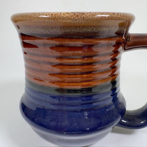 Classic Handmade Stoneware Drip Glaze Mug Brown Blue 1970s Ribbed Texture VTG - Picture 7 of 12